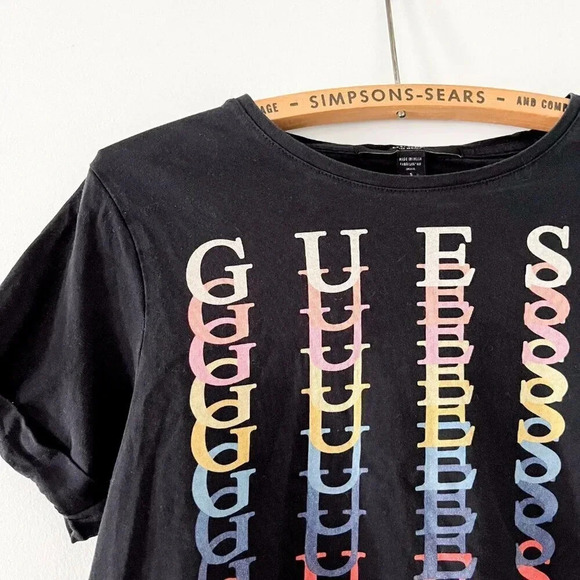 Guess Womens Small Cropped Black Logo T-Shirt Graphic Tee - Picture 2 of 3